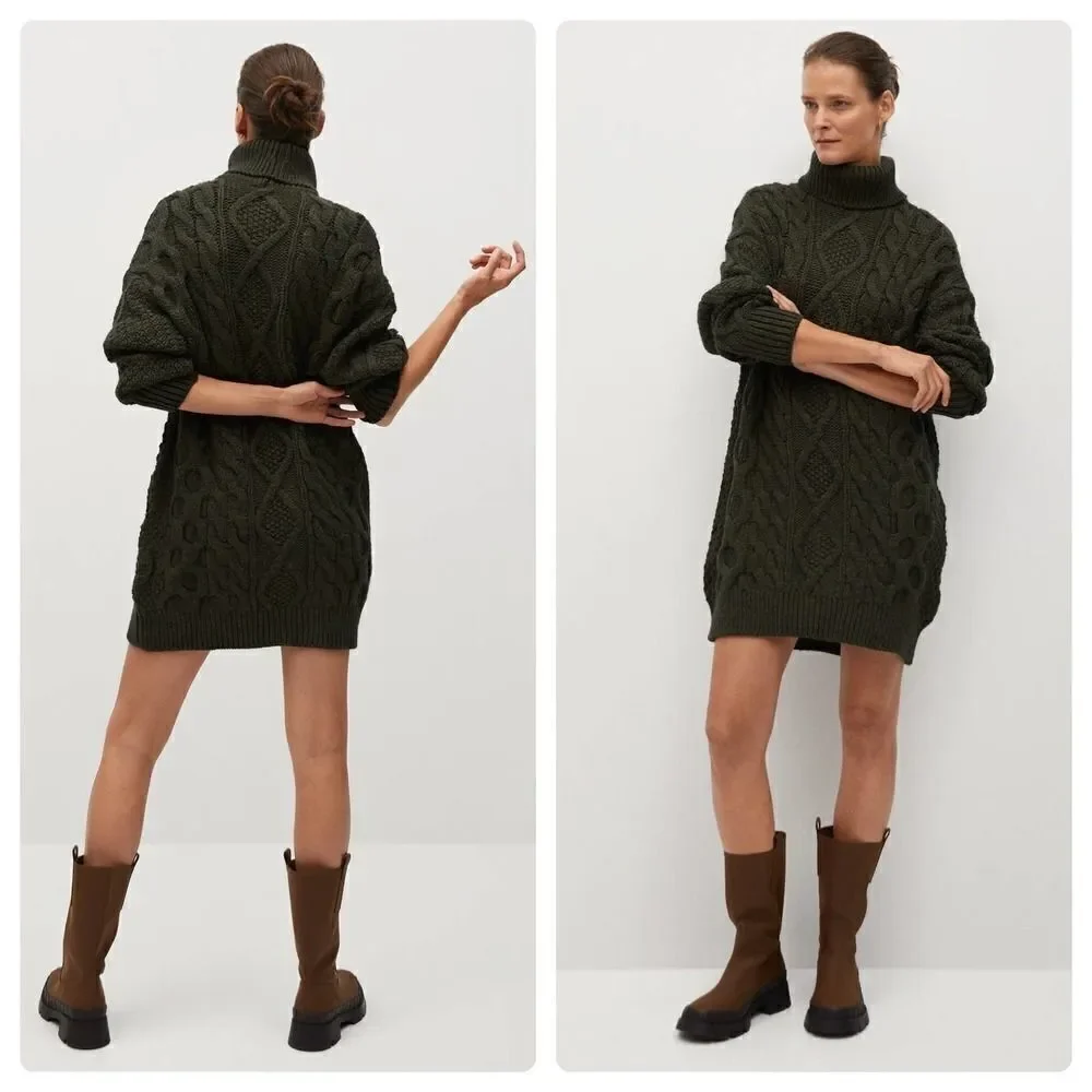 Mango Cable Knit Chunky Dress Braids Oversized Turtleneck Khaki - Picture 7 of 7